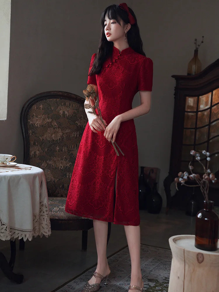 Chinese Style Red Lace Short Sleeve Cheongsam Slim Dress Elegant Traditional Evening Dresses Qipao - Seprincess