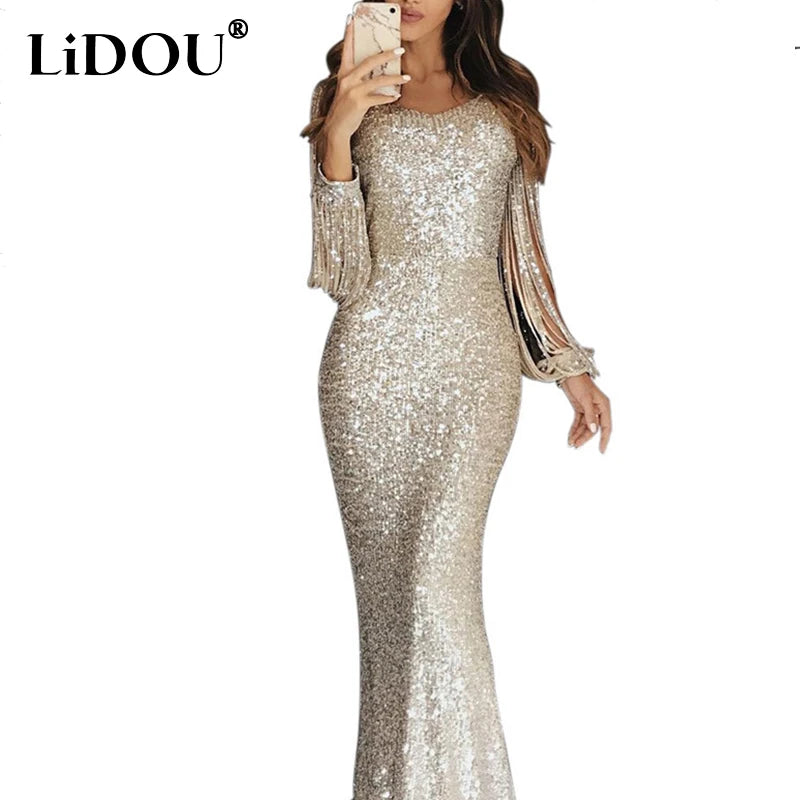 Spring 2022 Women Fashion Elegant Sequins Solid Color Maxi Wedding Evening Party Dress Female Long Tassel Sleeve Bodycon Dresses - Seprincess