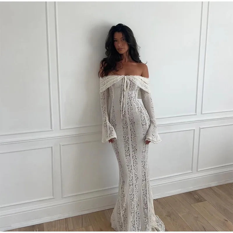 Vintage Cream Floral Lace Off Shoulder Maxi Dress Fashion Flare Long Sleeve Hollow Out Slim Dresses 2024 Elegant Lady Party Robe - Seprincess