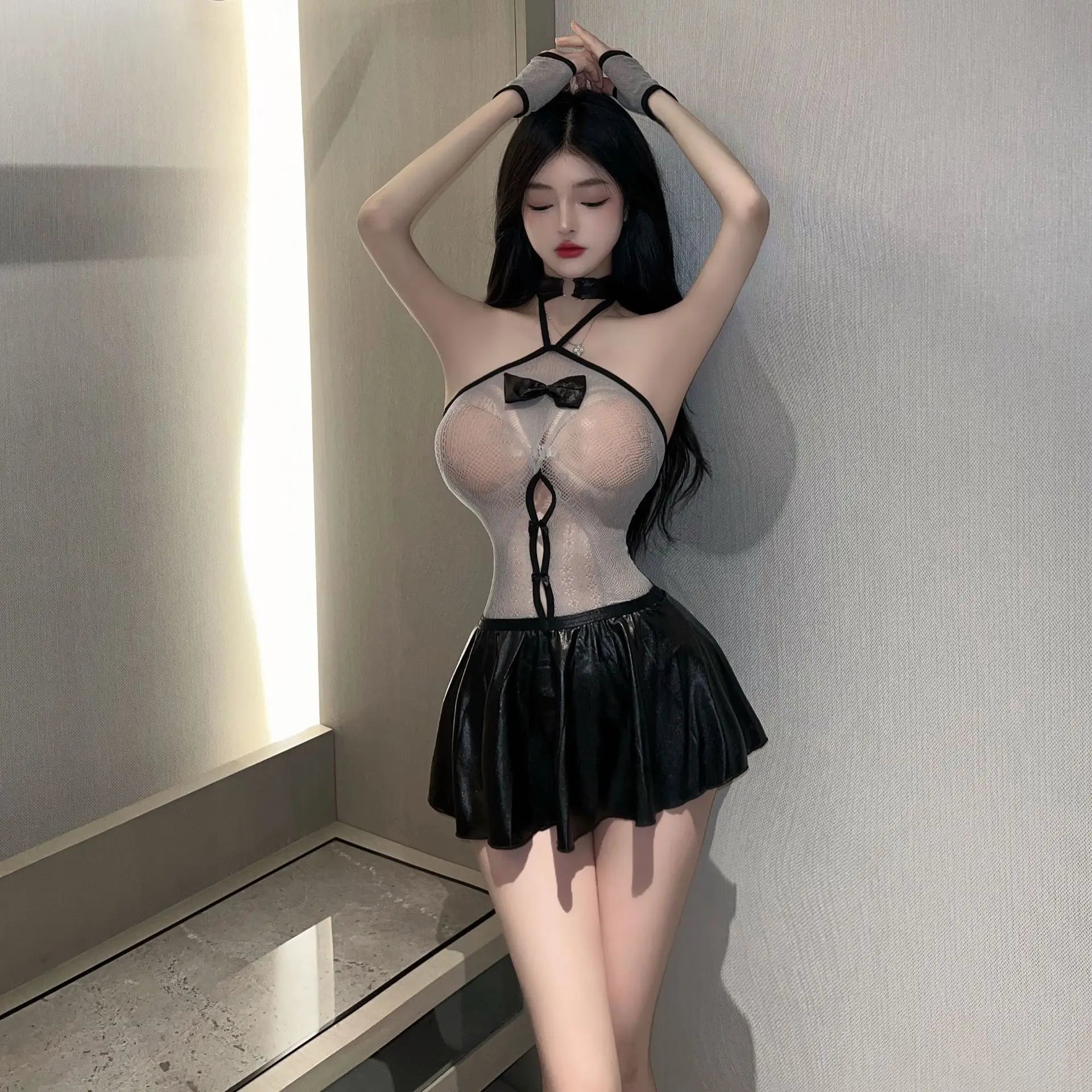 Lingerie Hanging neck see through leather skirt off shoulder uniform tempting femboy fetish lolita costumes sexy cosplay women - Seprincess