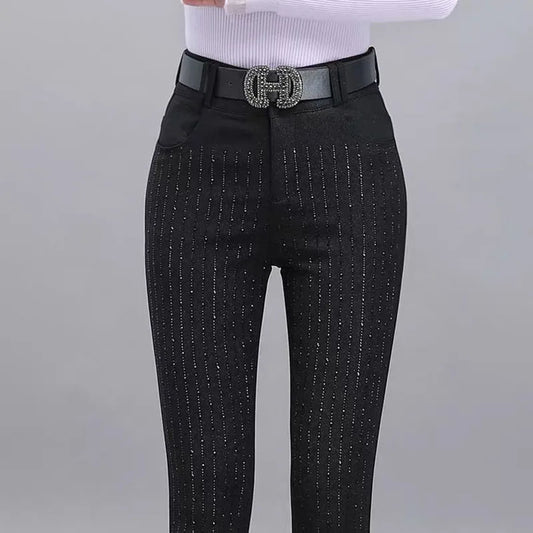 Rhinestone Black Denim Pencil Pants Women's Jeans Autumn New European Elastic Slim Fit High Waisted Strech Jean Pants for Women