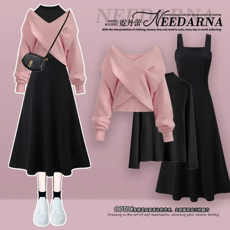 2024 Korean Autumn/Winter New Fashion Versatile Women's Set Cross Sweater+Inner Shirt+Dress Three Piece Set - Seprincess