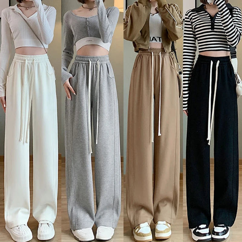 2024 Women High Waisted Leisure Loose Pants Girls Casual Straight Leg Slacks Female Baggy Light Grey Khaki Beige Black Trousers