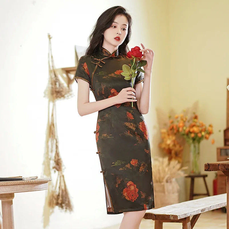 Chinese Style Dresses Women Green Print Cheongsams Elegant Chinese Traditional Dress Satin Vestido Chino Oversize 3Xl4Xl Qipao