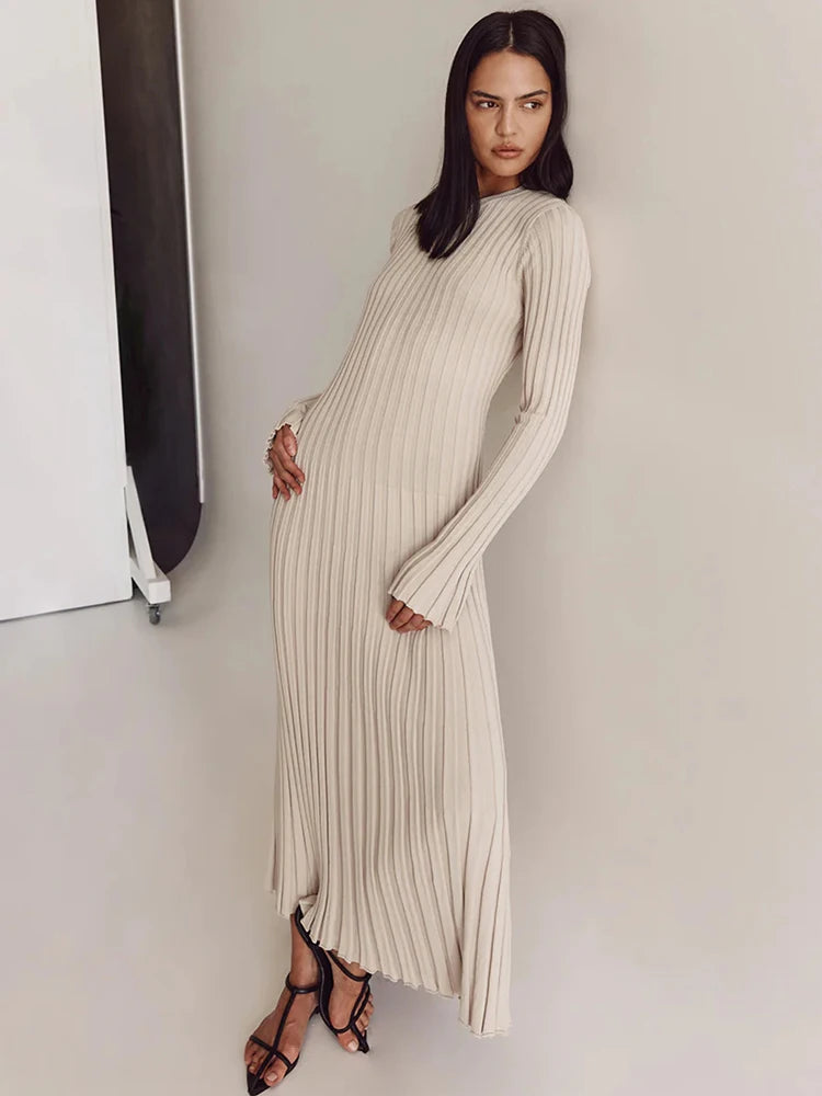 Tossy Lace-Up Female Knit Maxi Dress Autumn High Waist Fashion Patchwork Long Sleeve Loose Solid Dress Bandage Knitwear Dress - Seprincess