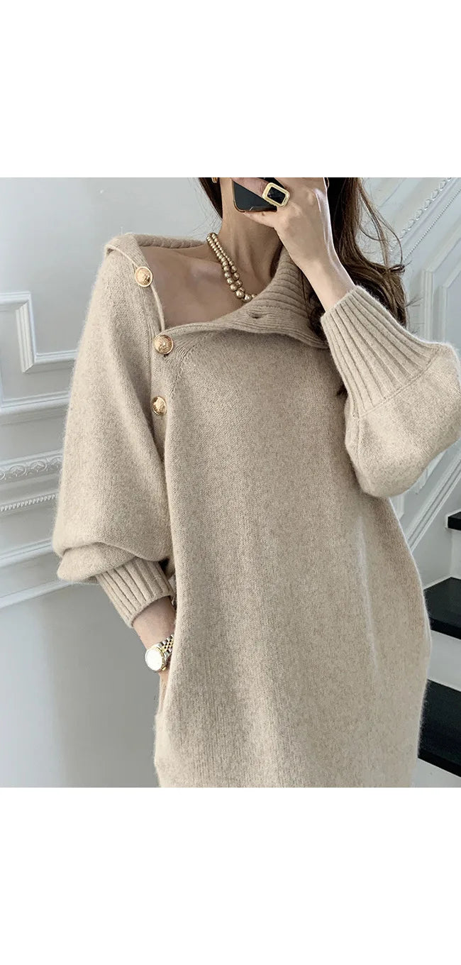 Women Dress Full Sleeve Button Irregular Long Dresses Turtleneck Party Slim Fit Lace Up Tight High Waist Elegant Vestidos - Seprincess