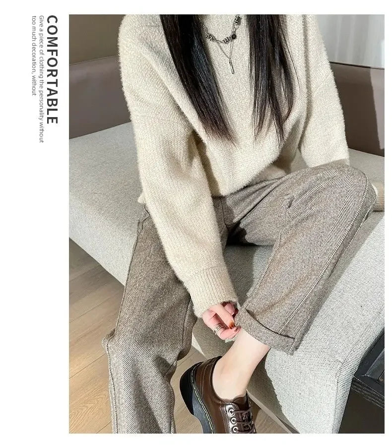 Winter Woolen Pants for Women Thicken Warm Ankle-Length Harem Pants Office Lady Khaki Elastic Waist Fashion Women's Trousers