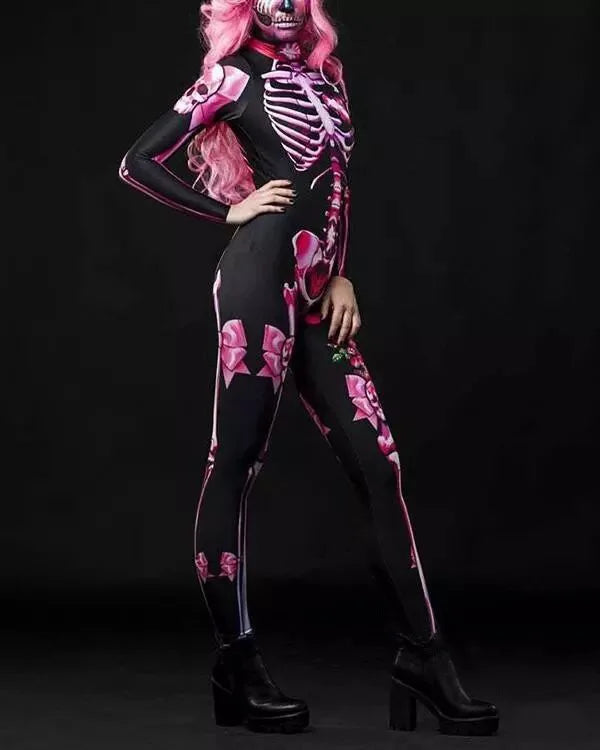 Women Cosplay Skeleton Rose Sexy Bodysuit Halloween Devil Ghost Specter Jumpsuit Romper Party Carnival Performance Scary Costume - Seprincess