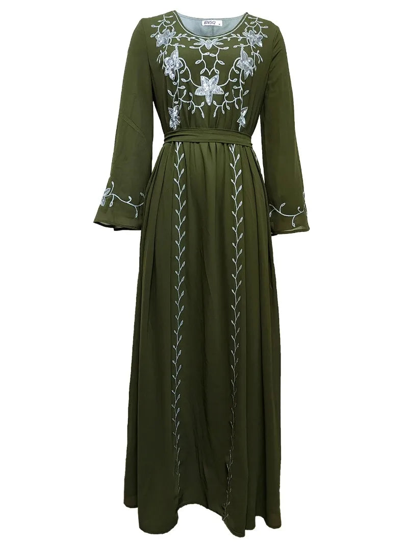 Dress for Women 2024 Spring Summer Fashion Muslim Women Long Sleeve Polyester Kaftan Embroidery Long Maxi Dress Abaya Dubai - Seprincess