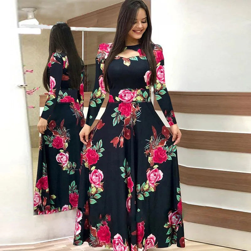 Spring /Autumn Fashion Flower Long Sleeved O-Neck Hollow Slim Fit Dress Women Elegant Long Vestido Maxi Clothes Robe Sexy Femme - Seprincess