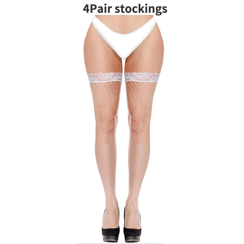 4 Pairs Women Stockings Fishnet Thigh High Top Over The Knee Stocking Sexy Women's Stockings with Lace Top Hosiery Club Wear