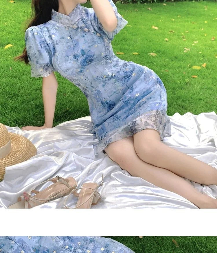 Summer French Short Sleeve Modern Chinese Dress Improvement Cheongsam Girl's Blue Print Fashion Dresses Qipao - Seprincess