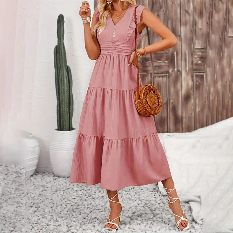 Y.KUKU Brand Long Dress Women Casual Slim Fit Summer Sleeveless High Waist V Neck Jacquard A-line Dresses Vacation Vestidos - Seprincess