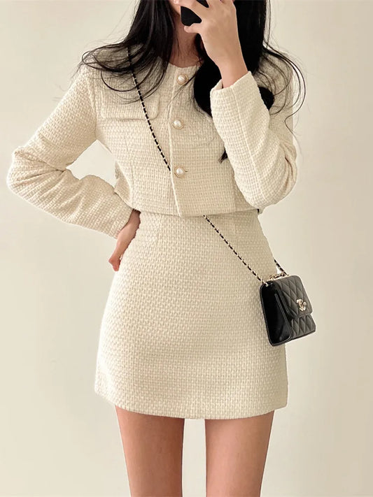 Korean Fashion Tweed 2 Two Piece Set Womens Outfits 2022 Autumn Long Sleeve Short Jacket + A-line Mini Skirt Suits Vintage - Seprincess