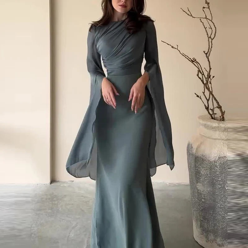 Fashion Satin Solid Robe Dress Ladies Temperament O-neck Slim Evening Dress Elegant Batwing Sleeves High Waist Pleats Long Dress - Seprincess