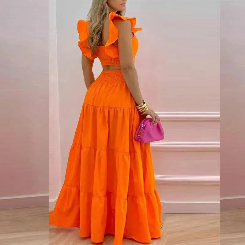 New Sexy Solid Two Suit Dress Women's Fashion Casual Loose Top Maxi Dress 2 Piece Set Female Elegant Holiday Sets 2024 Summer - Seprincess