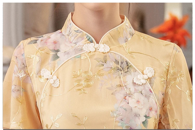 Summer Improved Young Style National Style Embroidered Floral Short Sleeve Women's Qipao Dress Chinese Traditional Cheongsam - Seprincess