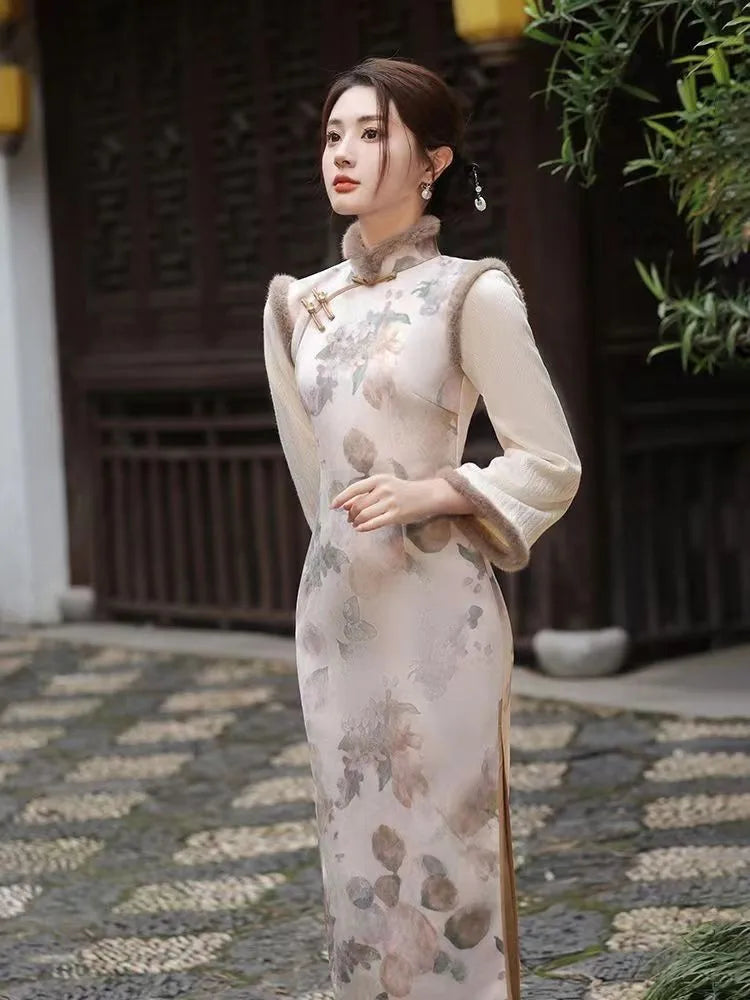 Chinese Traditional Qipao Dress Cheongsam Women's Clothing Autumn Winter Gentle Flower Temperament Elegant Embroidery Vintage - Seprincess