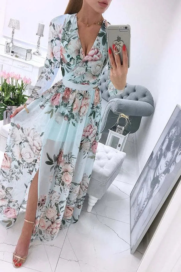 Amazon eBay Cross border 2024 Summer Chiffon Printed Long Dress V-neck Dress Long Sleeve Split Dress Women - Seprincess