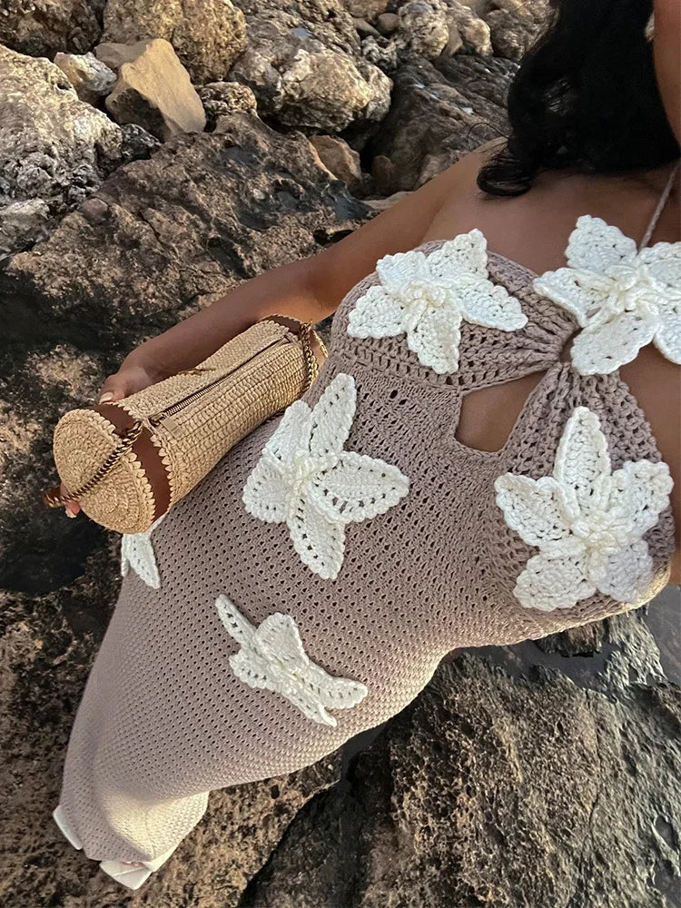 Women’s Beach Dresses Sexy Backless Knitted Long Dress Star Crochet Maxi Dresses 2024 Summer Women Beach Wear - Seprincess