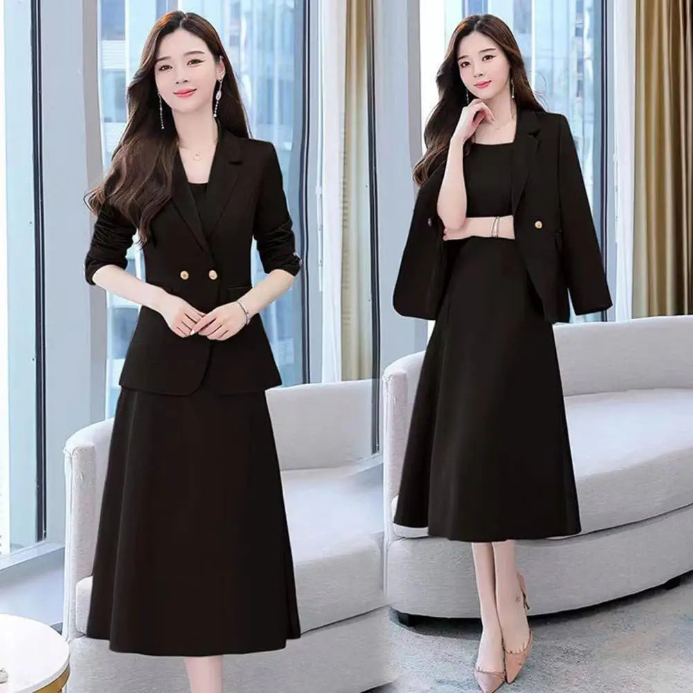 2Pcs Women Outfit Commute Trendy Office Lady Dress Coat Set Elegant Sling Style Coat Long Dress Suit Lady Business Skirt Suit - Seprincess