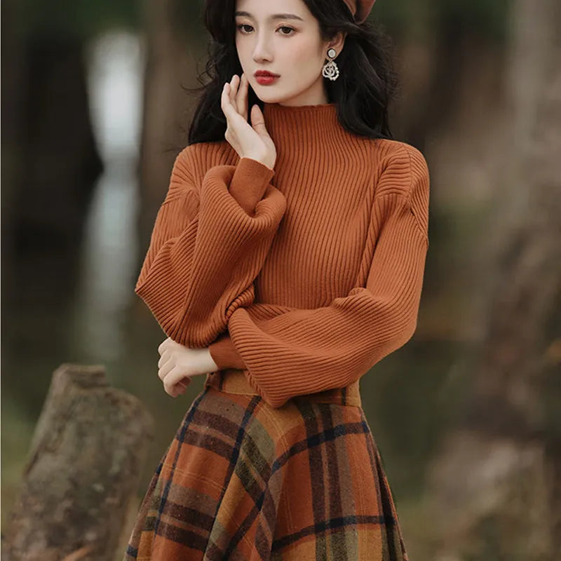 Women's Spring Autumn Vintage Plaid Long Skirts Sweater Two-Piece Set French Lady Graceful Knit Pullover High Waist Skirt Outfit - Seprincess