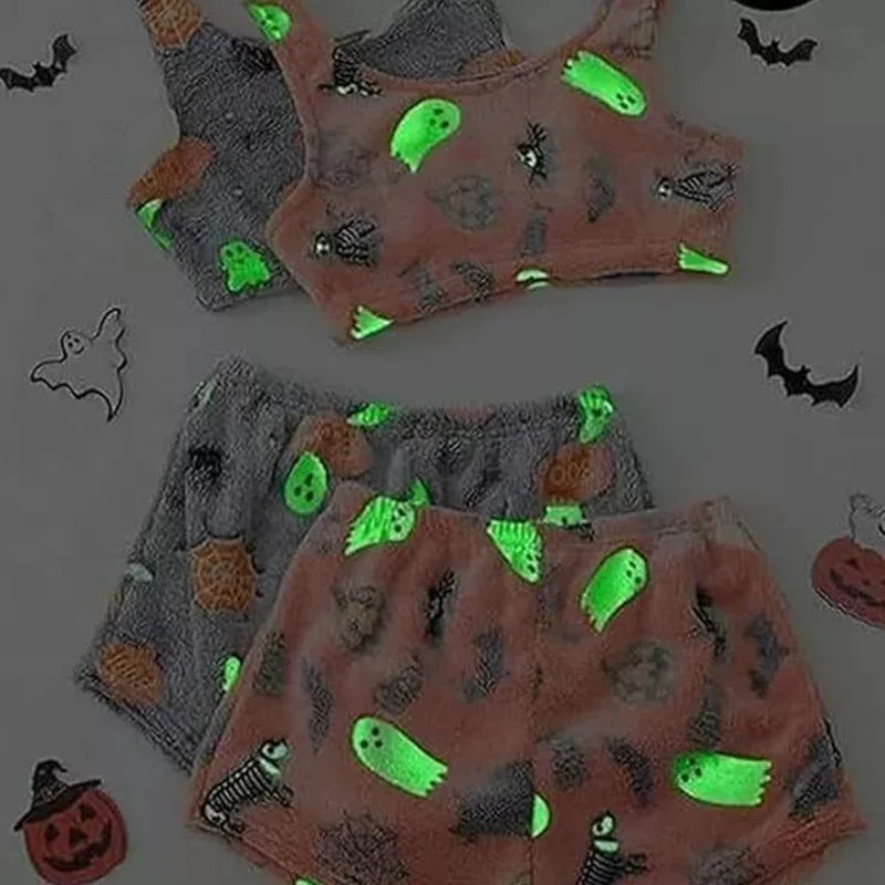 Halloween Party Women's Pajamas Set Ghost Luminous Pumpkin Printed Flannel Soft Warm Sling+shorts Pajamas Set S-XL - Seprincess