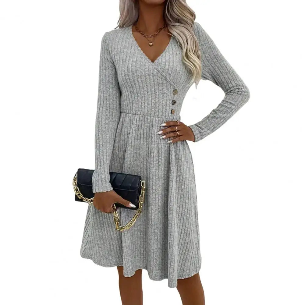 Autumn Winter Sweater Dress V Neck A-line Knitted Dress Long Sleeves Big Hem Midi Dress - Seprincess