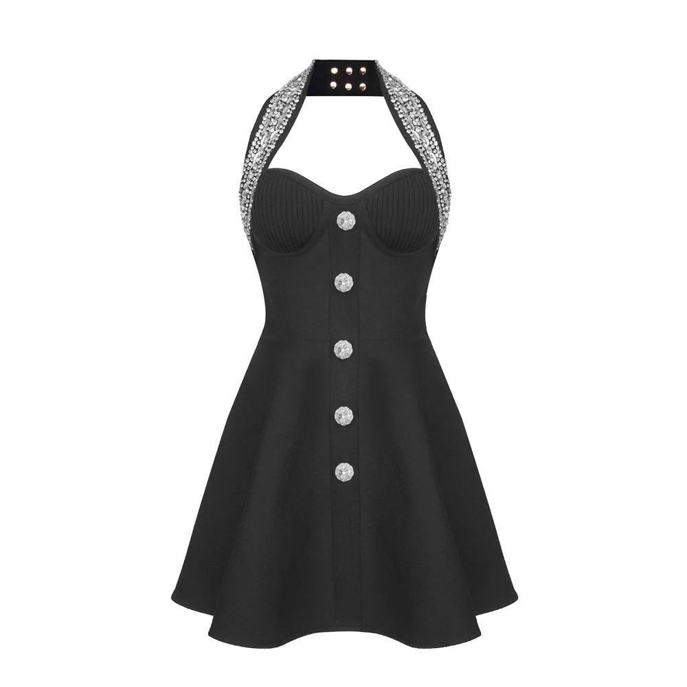 VC Fashion Summer Womens Dresses 2024 Luxury Diamond Halter Sleeveless Black Bandage A-Line Short Dress - Seprincess