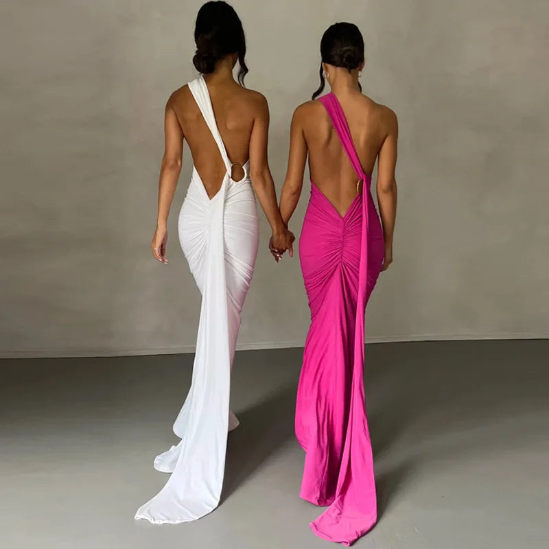 Womens Elegant Evening Party Cocktail Long Dress Sexy Backless Open Back Ruched Slim Bodycon Formal Wedding Guest Maxi Dress