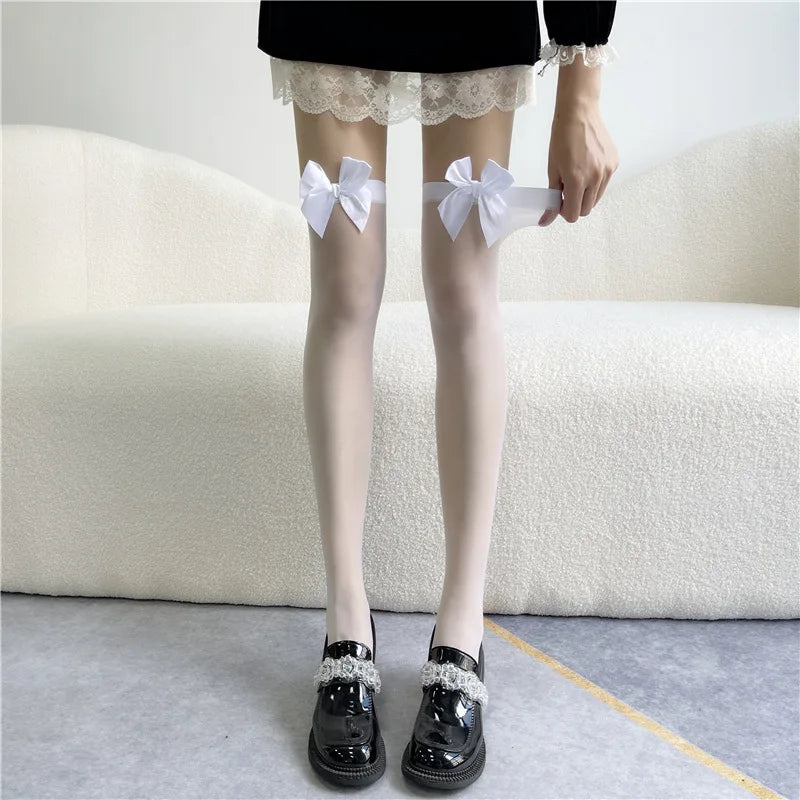 White Silk Bow Stockings Women's Japanese JK Over-the-knee Stockings Sexy Lace High Thigh Fishnet Socks Long Lolita Socks