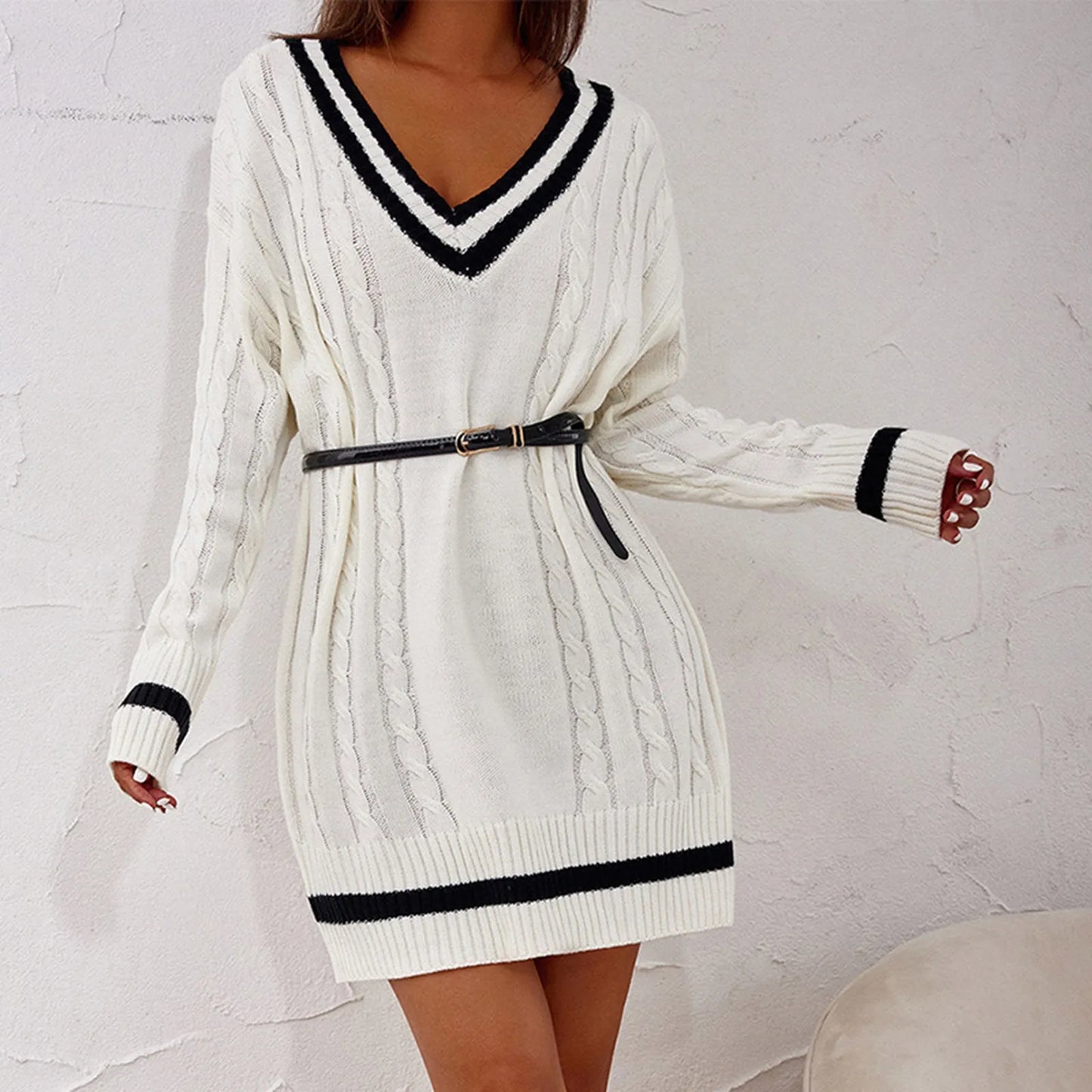 Women'S Autumn V Neck Long Sleeved Super Knitted Thick Pullover Short Sweater Dress Commuting Taupe Sweater Dress For Women - Seprincess