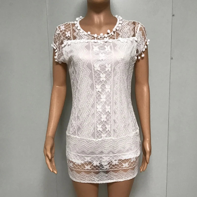 Summer White Women Dress 2024 Casual Sleeveless Beach Short Dress Female Sexy Tassel Mini Lace Dress vestidos de tric? femenino - Seprincess