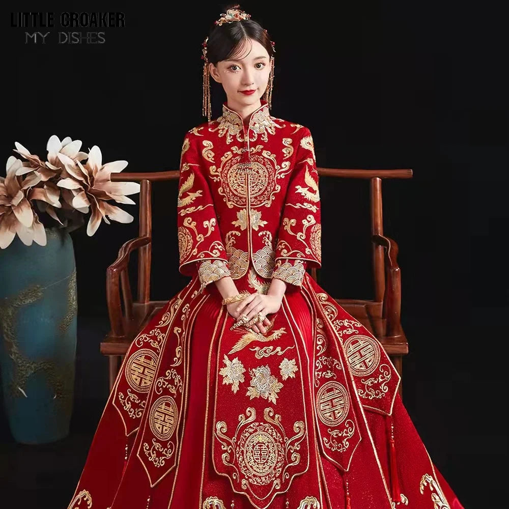 Modern Cheongsam Top + Skirt Suit Red Qipao Long Chinese Traditional Wedding Dress Oriental Style Xiuhefu Dresses - Seprincess