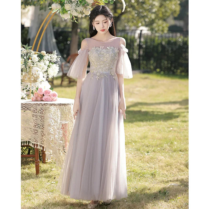 Temperament Grey Bridesmaid Dress Long Wedding Sisters Group Gown Elegant Applique Tulle Off Shoulder Banquet Party Vestido - Seprincess