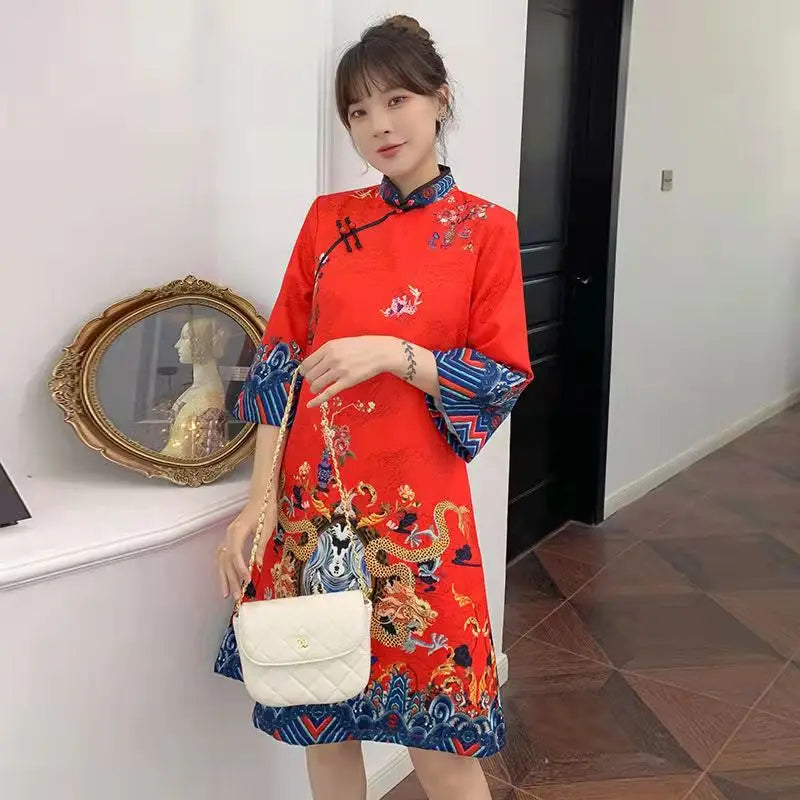 Red Blue Loose 2024 New Fashion Modern Chinese Cheongsam A-line Dress Women 3/4 Sleeve Qipao Traditional Chinese Clothes - Seprincess