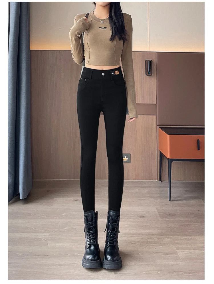 Women's Autumn And Winter Denim Jeans Thick Velvet Slim High Waist Small Leg New Black High Stretch Pencil Pants