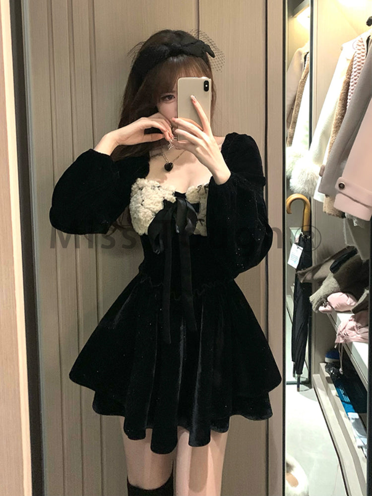 French Hepburn Elegant One Piece Dress Women Black Vintage Chic Party Dress Female Korean Fashion Sexy Lolita Dress 2023 Winter - Seprincess