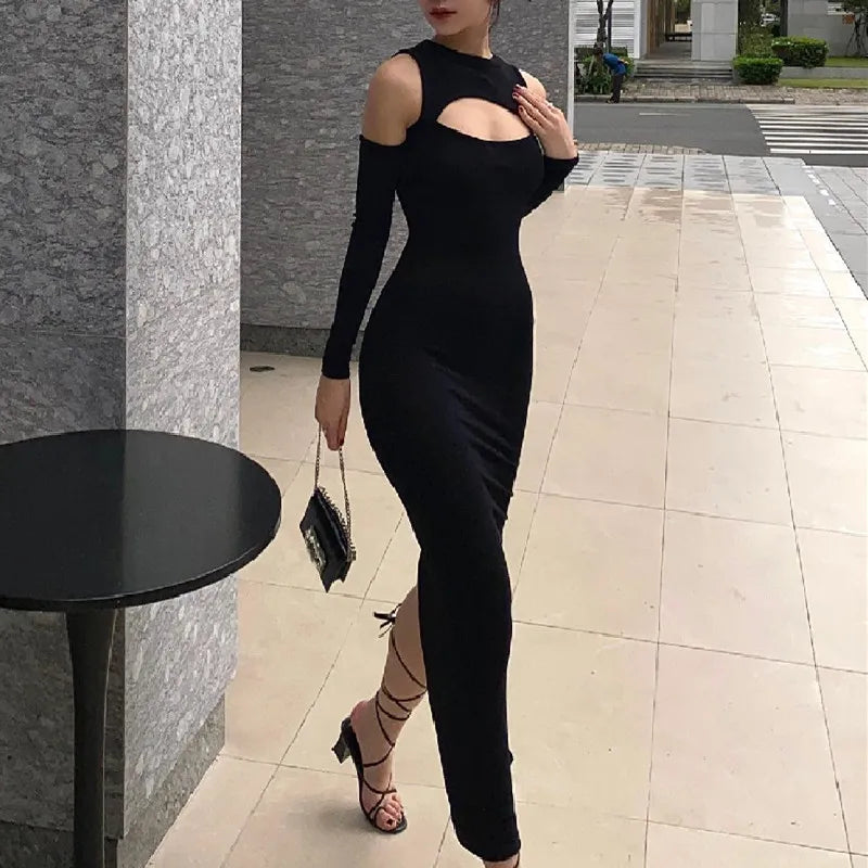 Xeemilo Elegant Hollowed Off Shoulder Maxi Dress Black Sexy Long Sleeve Split Dresses 2022 Women Slim Fitting Evening Party Robe - Seprincess