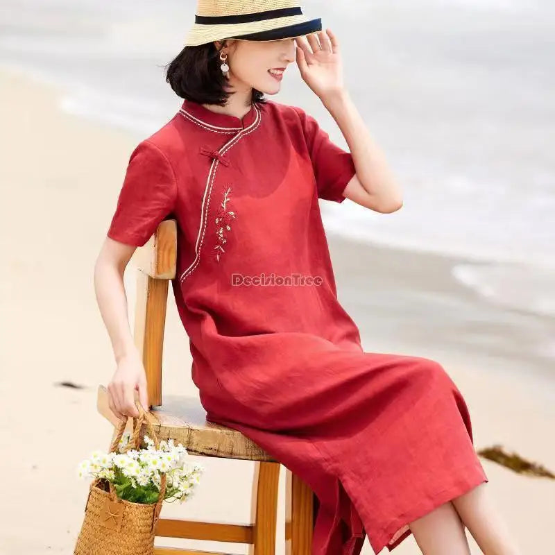 2023 chinese red women loose casual improved cheongsam dress summer new short-sleeved cotton linen embroidery qipao dress s494 - Seprincess