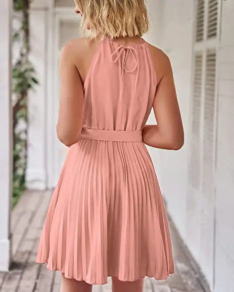 2023 Summer Short Pleated Dress Women Halter Dress Ladies Sleeveless A Line Party Dress For Women - Seprincess