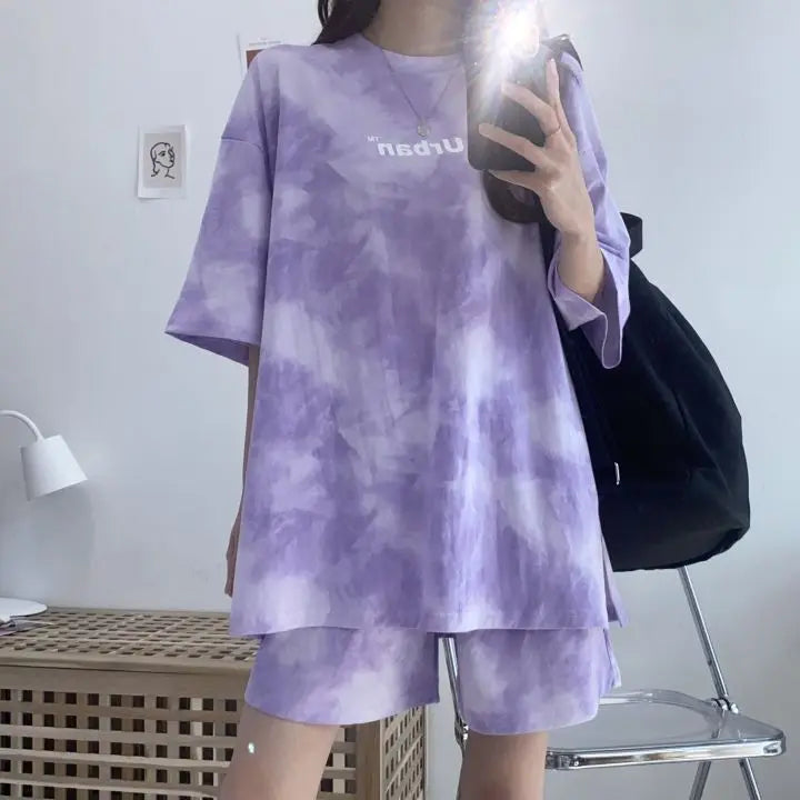 Women T-Shirt Shorts Suit Set Casual Tie Dye Loose tshirt and wide leg middle shorts with pockets female Soft Summer Shorts Sets - Seprincess