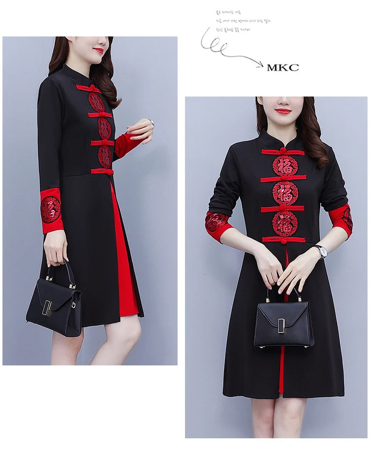 Women's Autumn New Red Festive Dress Slim Retro Improved Cheongsam Chinese Traditional Qipao Dress Plus Size M-5XL - Seprincess