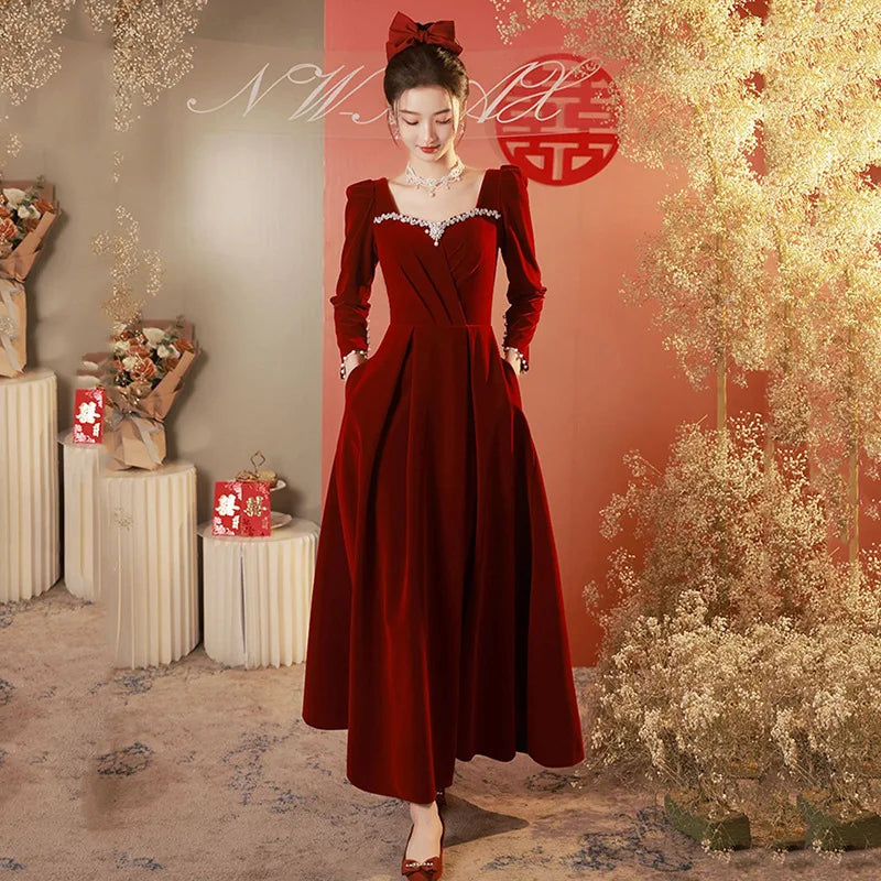 Burgundy Velvet Prom Dresses Square Collar Long Sleeve Pearl Crystal Long Engagement Dress Plus Size Female Formale Gowns - Seprincess