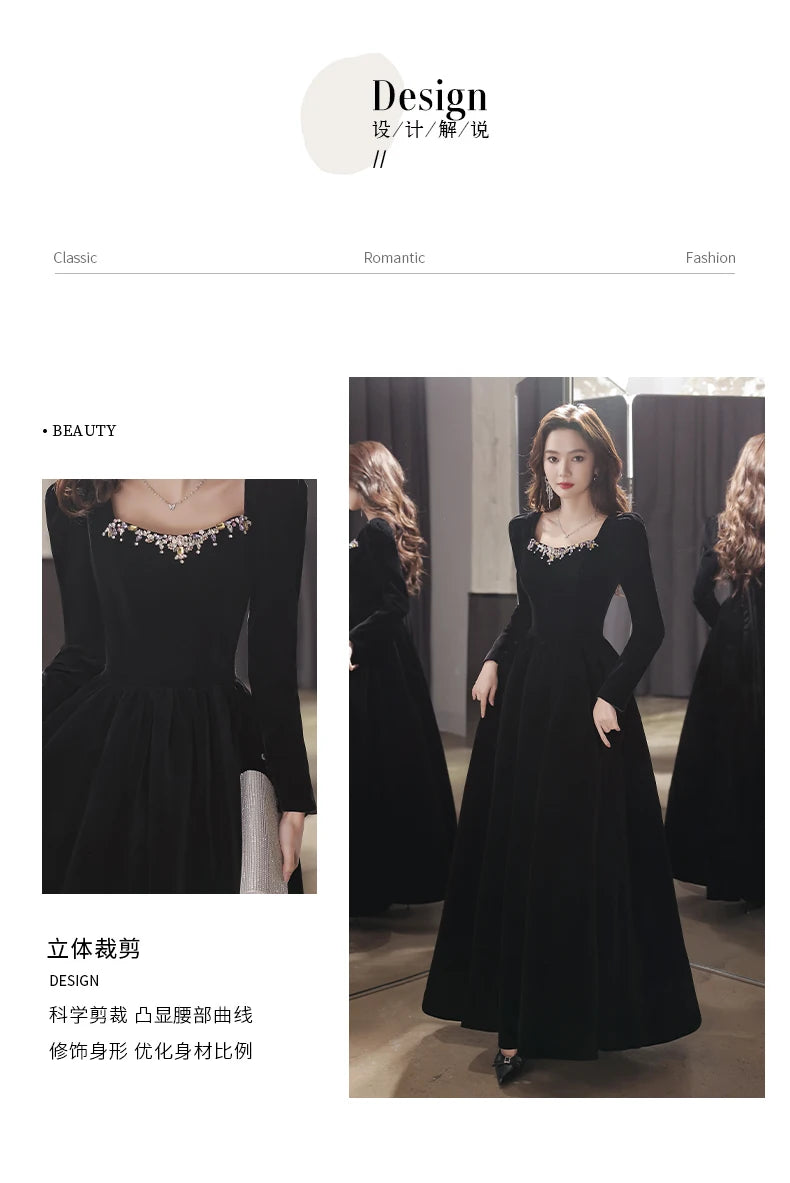 Black evening dress, high-end luxury and niche art test host, French high-end dress can usually wear long sleeves at the annual - Seprincess