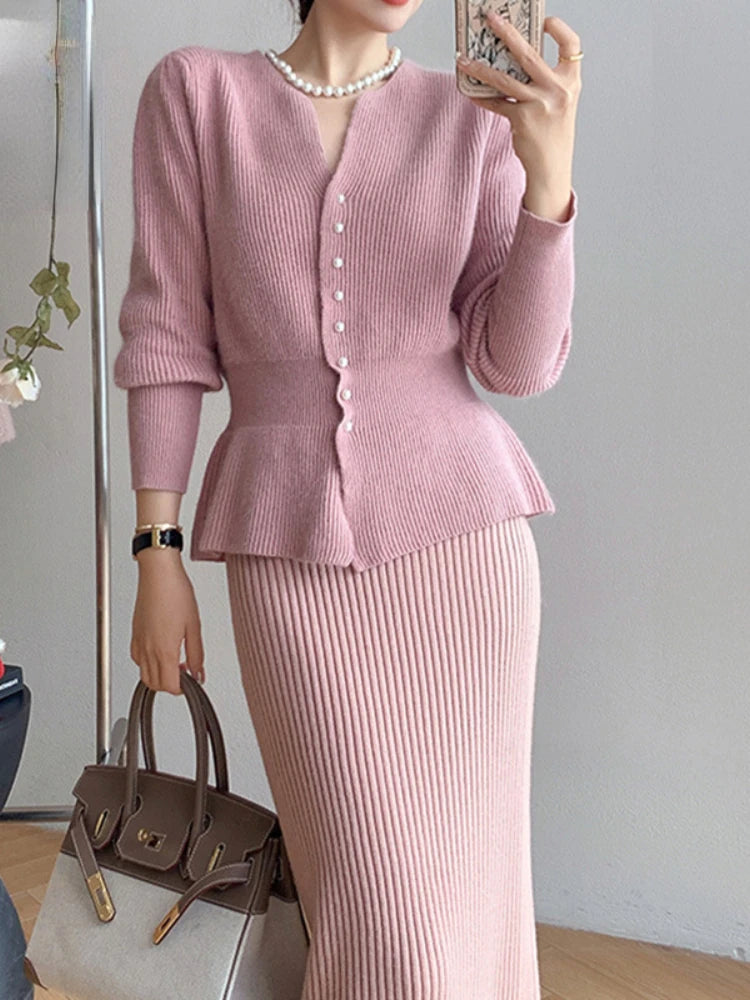 New Autumn Winter Dress Two Piece Sets Womens Outifits Korean Fashion Elegant Women's Cardigan Long Skirt Sets Female Clothing - Seprincess