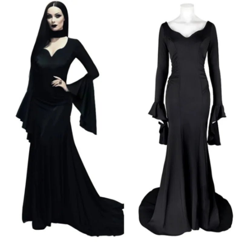 Halloween Morticia Adams Primate Black Adams Family Dress Retro Gothic Long Sleeve V-neck Dress with Luxury Casual Elegant Style - Seprincess