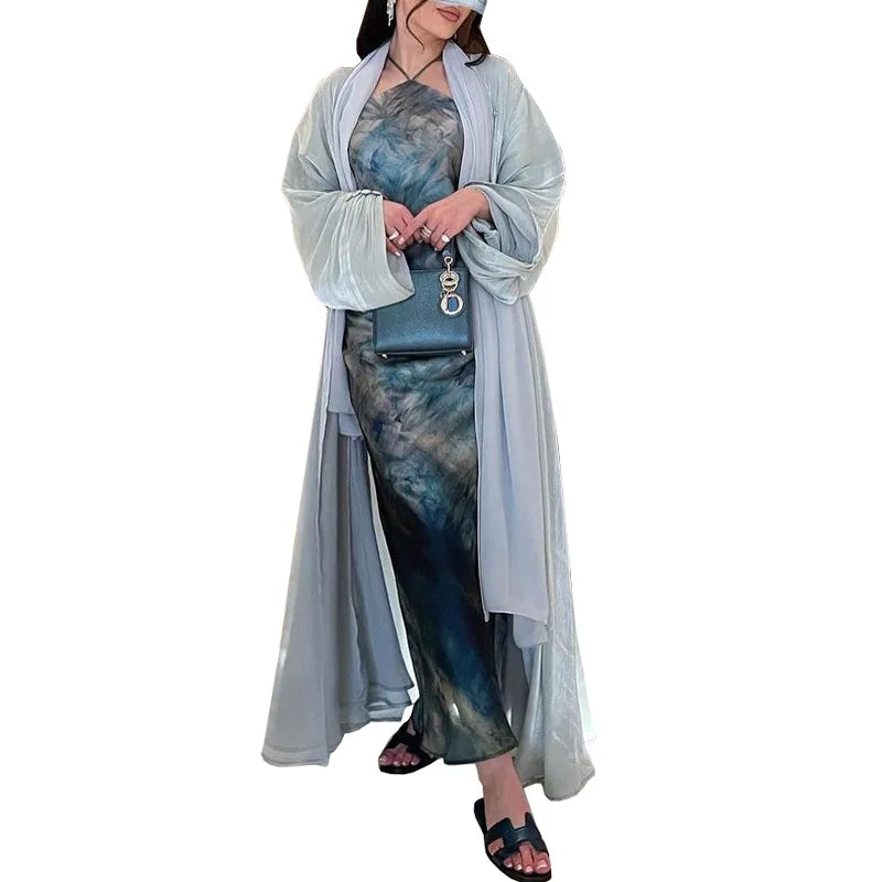 Eid Silky Abayas for Women Muslim Jalabiya Ramadan Robe Dress Button Sleeve Ramadan Caftan Party Dresses Vestido Largo Cardigan