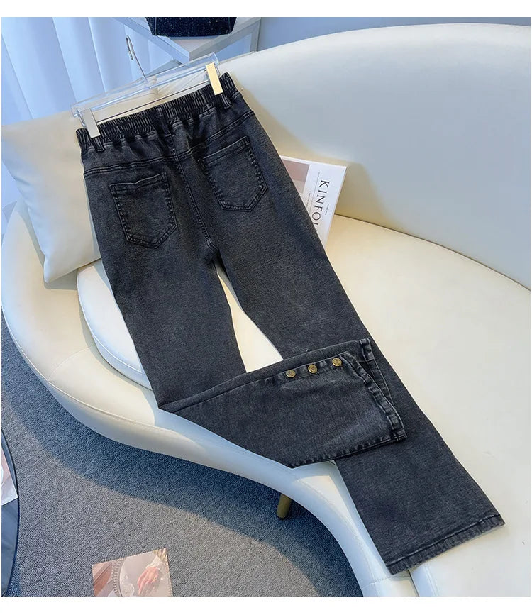 155Kg Plus Size Women's Jeans Hip 150-160 High Waist Casual Loose Flare Pants Trousers Black Black-Gray 5XL 6XL 7XL 8XL 9XL