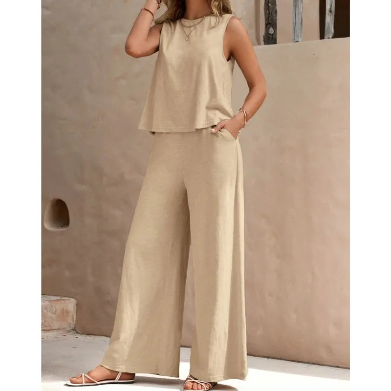 Women's Set 2024 Summer New Yellow Round Neck Sleeveless Shirt Wide Leg Pants Two Piece Set For Women Versatile Casual Outfits - Seprincess